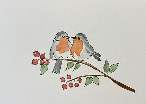 February Watercolor Ideas, Cardinal Watercolor Painting Easy, Robin Drawing Simple, Robin Doodle, Robin Drawing, Christmas Cards Drawing, Painted Christmas Cards, Watercolor Flowers Tutorial, Bird Watercolor