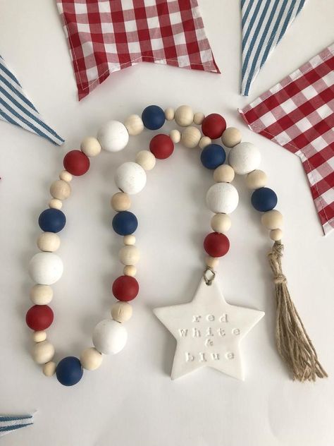 red white and blue wood bead garland Stamped Clay, Red White Blue Decorations, Clay Star, Blue Decorations, Blue Farmhouse, Wood Beads Diy, Farmhouse Beads, Bead Decor, Wooden Farmhouse