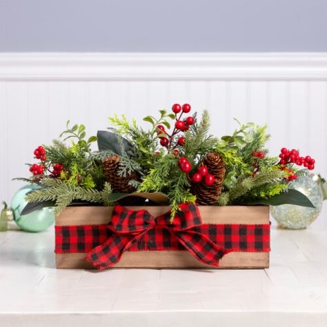 17 Feel Real Evergreen Centerpiece in Wooden Box with Plaid Bow - National Tree Company, 1 Each - Pick ‘n Save Evergreen Centerpiece, Christmas Party Centerpieces, Buffalo Plaid Christmas Decor, Christmas Decorations Centerpiece, Green Centerpieces, Pretty Christmas Decorations, Christmas Centers, Plaid Christmas Decor, Real Christmas