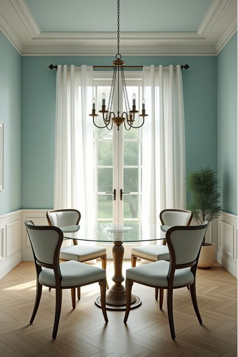 Light and airy dining room with pastel blue walls and glass table Dining Room Paint Colors, Setting The Mood, Arctic Landscape, Paint Trends, Dining Room Paint, Calming Atmosphere, Room Paint Colors, Statement Wall, Best Dining