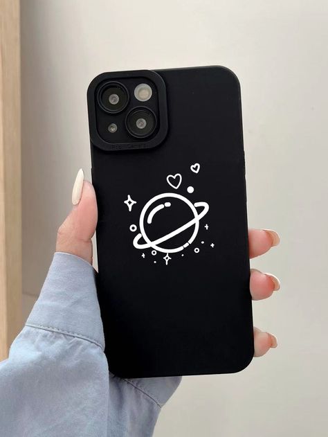 Black  Collar  TPU Cartoon Phone Cases Embellished   Phone/Pad Accessories Black Cute Phone Cases, Phone Covers Diy Black, Cute Black Phone Cases, Black Phone Cover Painting Ideas, Cute Phone Cover Painting, Black Phone Case Diy, Ideas Para Pintar Tu Funda, Black Phone Case Ideas, Phone Cover Painting Ideas