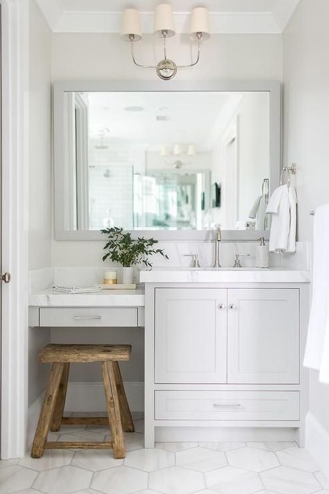 12" Hex Tile Classic Bathroom | Maria Killam Cheap Bathroom Vanities, Makeover Kamar Mandi, Guest Bathroom Remodel, Cheap Bathrooms, Bad Inspiration, Vanity Design, Classic Bathroom, White Vanity Bathroom, Basement Bathroom