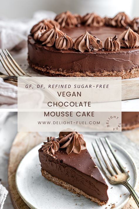 Vegan Chocolate Mousse Cake, Deserturi Raw Vegan, Vegan Chocolate Mousse, Vegan Gluten Free Desserts, Vegan Baking Recipes, Sugar Free Vegan, Vegan Bakery, Baking Basics, Desserts Vegan