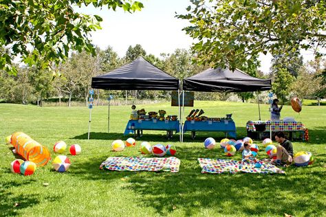 If you're having an ocean or beach themed party at the park, blow up several beach balls and toss in the grass for the kids to play with. Let each child take one home after the party. Outdoor Park Birthday Party, Park Birthday Party Ideas, Outdoor Kids Party, Barney Party, Lake Birthday Party, Park Birthday Party, Party At The Park, Lake Birthday, Birthday Party At Park