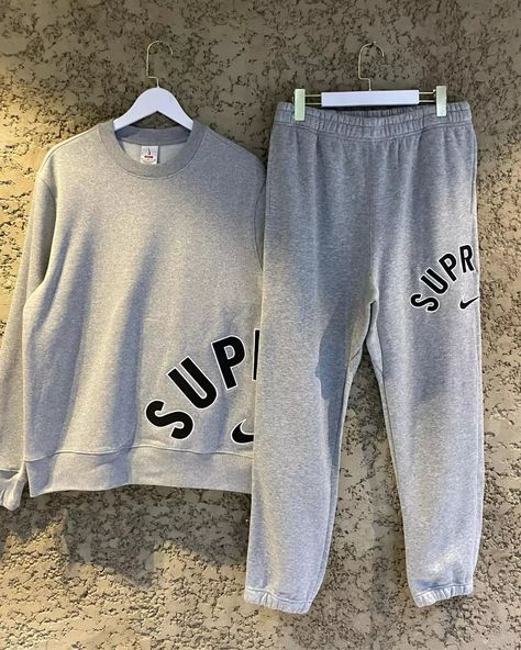 Step out in a unique style with the exclusive "SUPREME X NIKE SWEAT SUIT" Sizes: M- XL Price: N180,000 ONLY #thehypestrikeng Nike Sweat Suit, Supreme X Nike, Sweat Suit, Nike Sweats, Stepping Out, Unique Style, Nike