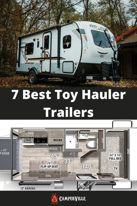 best toy hauler travel trailers - with external and layout images Toy Trailer Camper, Box Trailer Camper Conversion Toy Hauler, Toy Hauler Camper Ideas, Small Toy Hauler Camper, Diy Toy Hauler, Camper Revamp, Toy Haulers For Sale, Hauling Trailers, Toy Hauler Trailers