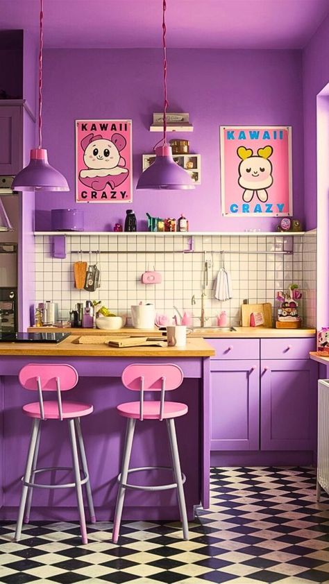 Funky Kitchen Ideas, Cute Utensils, Kitch Design, Cute Kitchen Utensils, Purple Kitchen Designs, Purple Interior Design, Kawaii House, Anime Wall Decor, Estilo Kitsch