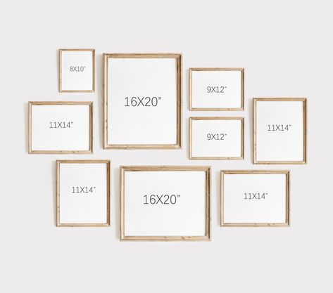 Picture Wall 9 Frames, Photo Wall Configuration, Picture Collage Frame Ideas, Gallery Picture Wall, Gallery Wall Template With Sizes, Gallery Wall Template With Sizes Layout, Gallery Wall Dimensions, Basement Vibes, Picture Wall Layout