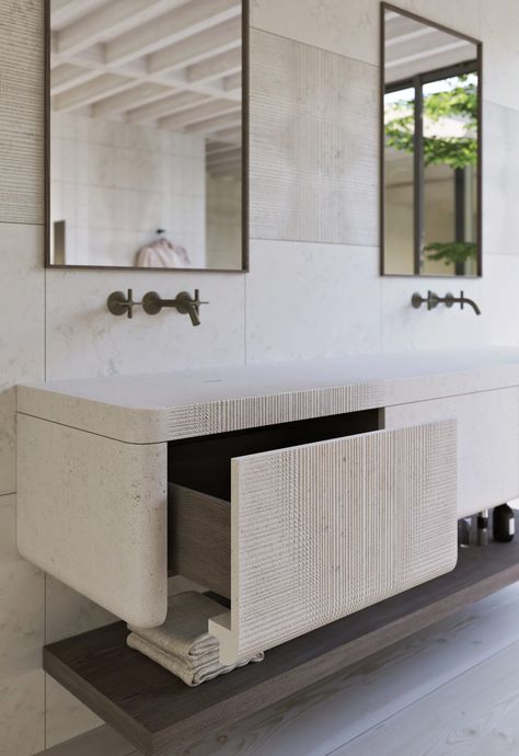 Davani + MERIDIAN collection | Luxury bath & spa collection | MERIDIAN WVS wall-mounted vanity with integrated sink Spa Vanity, Jacuzzi Bathroom, Bathroom Interior Design Luxury, Luxury Vanity, Furniture Details Design, Wall Mounted Sink, Stone Bathroom, Bathroom Inspiration Decor, Bathroom Spa