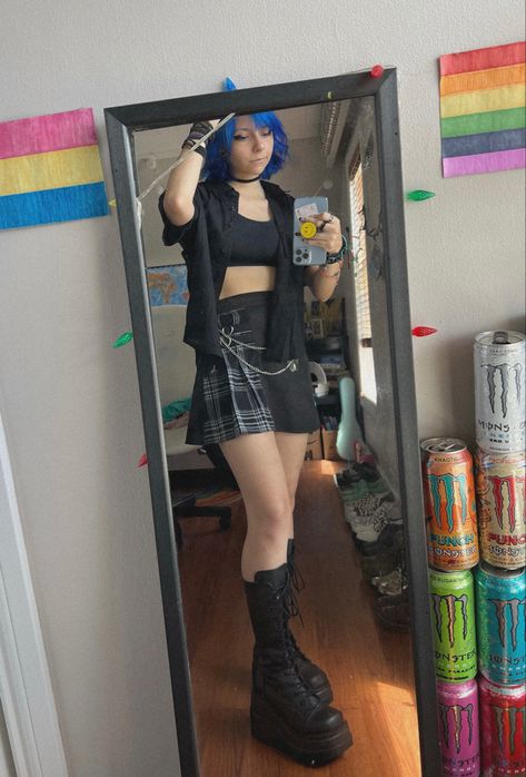 Goth Platform Boots Outfit, Black And Blue Aesthetic Outfit, Blue Edgy Outfit, Emo Boots Outfit, Demonia Platforms Outfit, Alt Concert Outfit Summer, Platform Demonia Outfit, Alter Girl, Lovejoy Concert Outfit