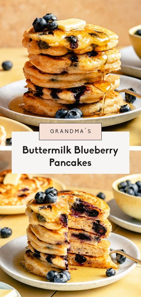 My Grandma Gloria's fluffiest buttermilk blueberry pancakes made with simple ingredients and lots of love. These pancakes are a staple in my house and even pack over 10g of protein and make the perfect breakfast for kiddos and adults! Add your fav topping and dig into this classic recipe. Oatmeal Protein Pancakes, Buttermilk Blueberry, Blueberry Buttermilk Pancakes, Blueberry Pancakes Recipe, Yogurt Pancakes, Dinner Side Dishes, Blueberry Pancakes, Banana Oatmeal, Buttermilk Pancakes