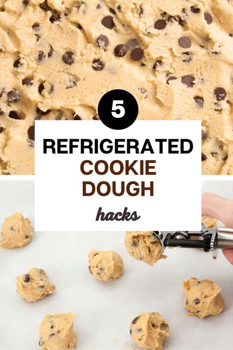 Refrigerated Cookie Dough Hacks text and cookie dough in background Desserts Using Refrigerated Cookie Dough, Store Bought Cookie Dough Ideas, Store Bought Sugar Cookie Dough Hacks, Refrigerated Cookie Dough Recipes, Refrigerator Cookie Dough Recipes, Make Ahead Cookie Dough, Refrigerator Cookie Dough, Cookie Dough Hacks, Freezer Cookies Recipes