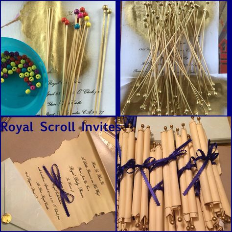 Custom Royal Scroll invitations Royal Scroll Invitation, Historical Party Theme, Diy Scroll Invitations, Royalty Theme Party, Descendants Party Ideas Birthdays, Royalty Theme, Scroll Invitations, Royal Invitation, Princess Party Invitations