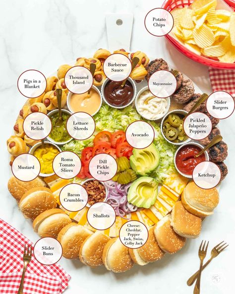 A New Charcuterie Board Concept for Your Next Cookout -- Build Your Own (Slider) Burger Bar! Burger Platter Ideas, Burger Board Design, Burger Charcuterie Board Ideas, Hamburger Board Ideas, Hamburger Platter Ideas, Good Platter Ideas, Hamburger Charcuterie Board Ideas, Build Your Burger Bar Party Ideas, Birthday Burger Bar