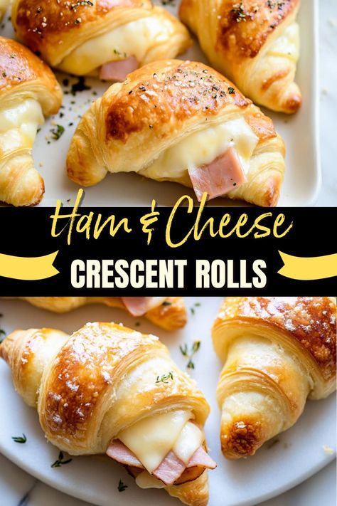 These quick & easy ham and cheese crescent rolls are perfect for a quick weeknight dinner, after-school snack, or party appetizer. Crescent Roll Recipes Ham And Cheese, Hot Ham And Cheese Rolls, Crescent Rolls With Ham, Dinner Ideas With Crescent Rolls Ground Beef, Ham And Cheese Breakfast Croissant, Ham And Cheese Roll Ups Crescent, Ham And Crescent Roll Recipe, Easy Appetizers With Crescent Rolls, Ham And Cheese Crescent Roll Bake