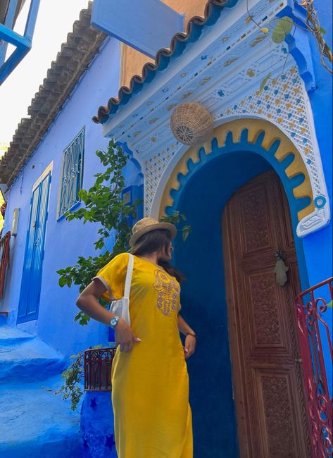 Chefchaouen Morocco Outfit, Morocco Fits, Majorelle Garden, Morocco Aesthetic, Chefchaouen Morocco, Moroccan Aesthetic, Blue City, Marrakech, Morocco