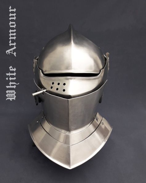 Armet is the finished result  of the evolution of closed knight helmet . Such helmets were used with  full set of the knight armor. The helmet provides the maximum level of protection for the head of a fighter. The helmet visor can be easily removed if this needs for the fighter. The Armet  is a type of helmet which was created  in Italy at the beginning of the 15th century. These helmets have been used in various modifications for 200 years.  Such knight helmet  was extensively used in Italy , Armet Helmet, Sauron Lotr, Fantasy Helmet, Helmet Knight, Sca Armor, Armor Ideas, Knight Helmet, Medieval Tattoo, Helmet Armor