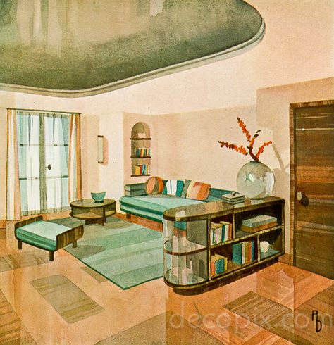 A gallery of German architectural renderings from 1939-1937 by the great Hans Hartl and others. Streamline Moderne Interior, 1930s Interior Design, 1920s Interior, Art Deco Living Room, Art Deco Interior Design, Streamline Moderne, Living Vintage, Deco Architecture, Interior Illustration