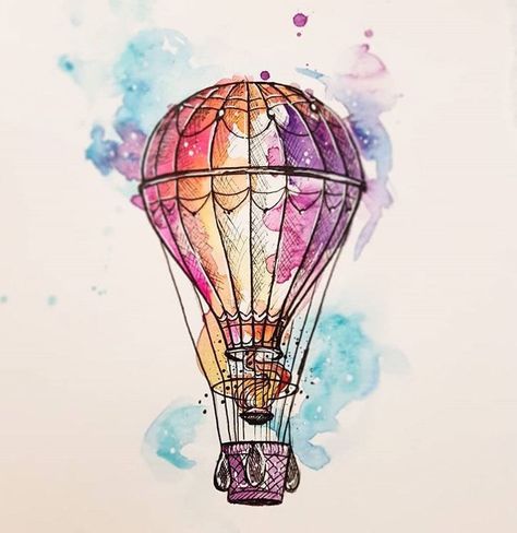 Watercolor Art Hot Air Balloon, Watercolor Hot Air Balloon Painting, Hot Air Balloon Sketch, Cool Space Tattoos, Hot Air Balloon Illustration, Hot Air Balloon Watercolor, Watercolor Hot Air Balloon, Hot Air Balloon Drawing, Nature Tattoo Ideas