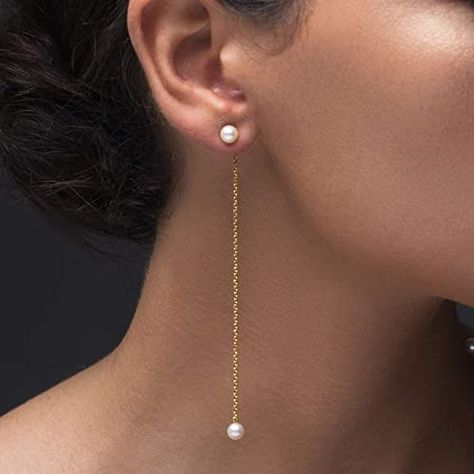 Stud Piercing Ear, Pearl Earrings Handmade Ideas, Pearls Earing Design, Stud Dangle Earrings, Earring Design Ideas, Dangly Pearl Earrings, Bridal Long Earrings, Long Earrings Wedding, Dangling Pearl Earrings