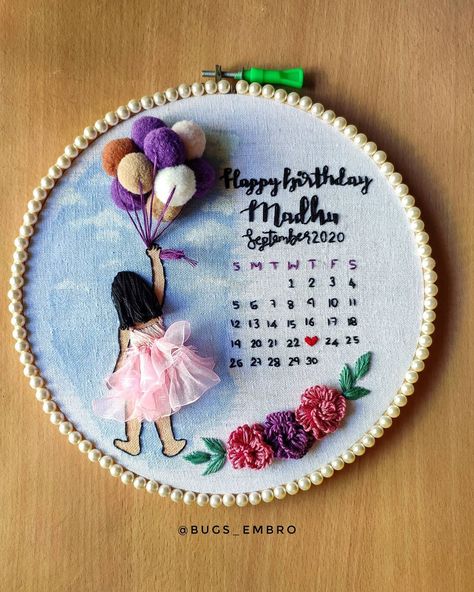 NASRIN || Embroidery artist on Instagram: “I put so much of love in to this one 😍. Bz it's the first hoop that I did for a baby 🥰 . And I wanted it to be special ❤✨. . Done for…” Birthday Hoop Embroidery, Anniversary Handmade Gifts, Happy Birthday Calendar, Loop Art, Diy Embroidery Thread, Hoop Embroidery Designs, Wedding Embroidery Hoop, Silk Ribbon Embroidery Patterns, Embroidery Hoop Art Diy