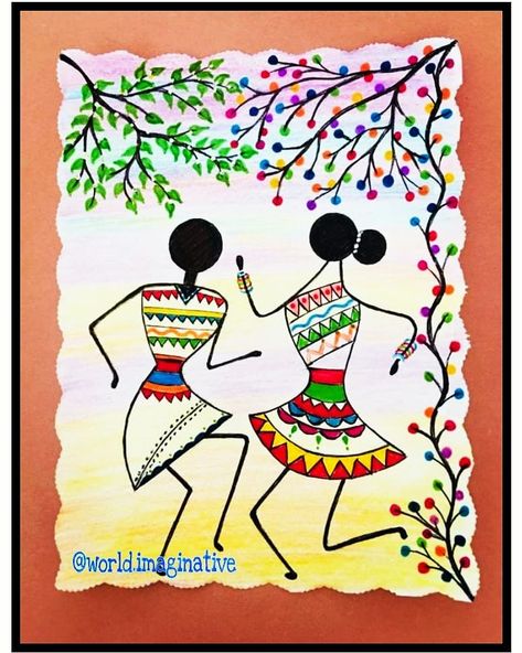 Varli Painting Art Simple, Colourful Warli Painting, Madhubani Easy Art, Worli Painting Designs Easy, Simple Warli Art, Madhubani Art Easy And Simple, Madhubani Art Simple, Easy Folk Art Painting, Warli Paintings Easy