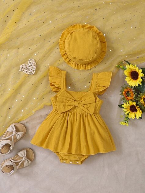 Free Returns ✓ Free Shipping✓. Baby Ruffle Trim Bow Front Combo Bodysuit Dress With Hat- Baby Girls Dresses at SHEIN. Baby Girl Fashion Summer, Woman Costumes, Dress With Hat, Yellow Romper, Lace Trim Dress, Bodysuit Dress, فستان سهرة, Baby Yellow