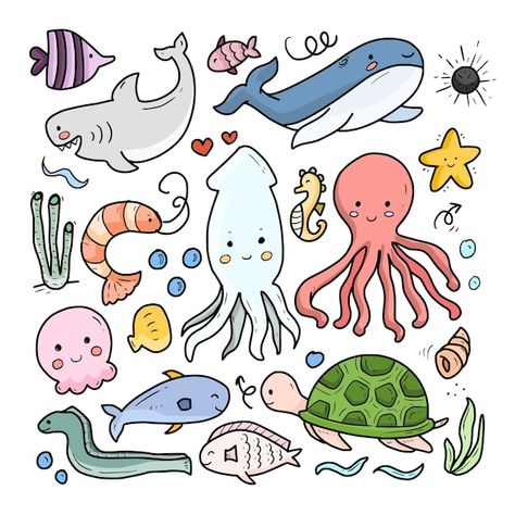 Sea Animal Cartoon, Y2k Drawings, Sea Creatures Drawing, Cartoon Sea Animals, Ocean Drawing, Sea Drawing, Drawn Fish, Easy Drawing Steps, Cartoon Fish