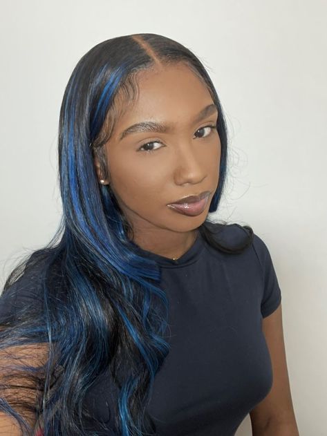 Blue Hairstyles For Black Women, Black Hair With Blue Highlights, Blue Hair Streaks, Blue Hair Highlights, Blue Black Hair, Highlights Curly Hair, Frontal Wig Hairstyles, Black Hair With Highlights, Quick Weave Hairstyles