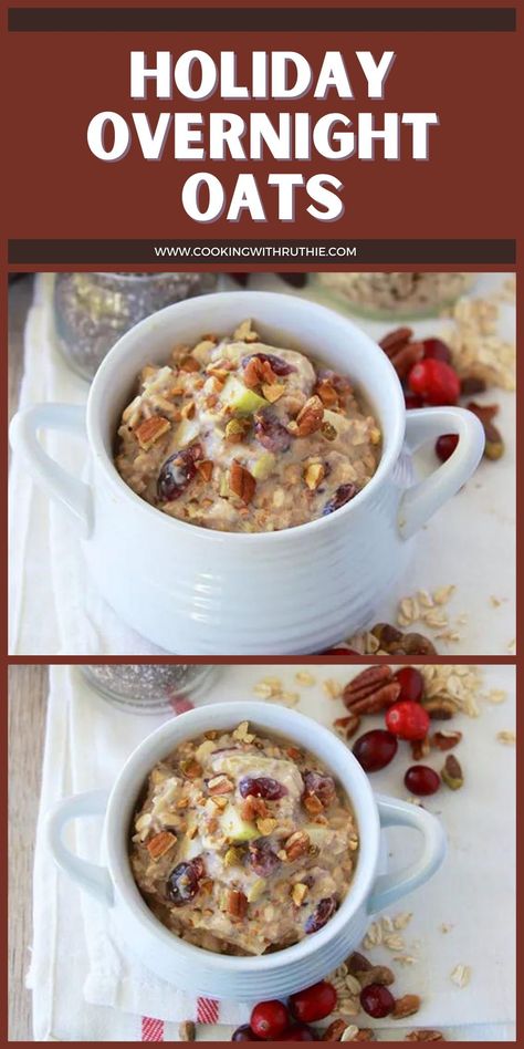 Start your day right with the simple and delightful Holiday Overnight Oats Recipe. Packed with healthy ingredients like whole grain oats, chia seeds, dried cranberries, golden raisins, apples, oranges, pecans, and pistachios, these overnight oats are perfect for a holiday brunch. || cookingwithruthie.com #holidayrecipe #holidaybrunch #breakfastrecipe Apples And Oranges, Christmas Dinners, Easy Recipe Ideas, Holiday Brunch, Make Breakfast, Oats Recipe, Golden Raisins, Holiday Breakfast, Overnight Oats Recipe