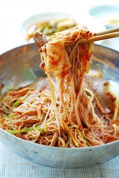 Bibim Naengmyeon (Spicy cold noodles) Vegan Naengmyeon, Bibim Naengmyeon, Spicy Cold Noodles, Radish Kimchi, South Korean Food, Cold Noodles, Korean Cooking, Korean Recipes, K Food