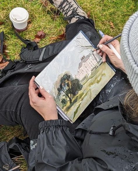 Frances Ives on Instagram: "A rainy day at Wimpole. It was a very, very wet day to try and draw, but it was pretty liberating in the end because it meant that I didn’t really have the time to stop and think too much. I think I’ve needed a bit of an uncomfortable draw to get myself going - does anyone have tips for slightly uncomfortable but still kinda nice drawing challenges?   If you’re interested in the process of this piece, I posted lots of clips of rain, painting and materials on P@treon   #drawingfromobservation #drawingonlocation #locationdrawing #observationaldrawing #enpleinair #nopleinnogain #mixedmediaartwork #mixedmediaartist #emergingartists #illustrationartists #illustratorsoninstagram #illustratorsofig #landscapeartist #wimpoleestate #wimpolehall #wimpoleestatenationaltrust Drawing Challenges, Think Too Much, Stop And Think, Rain Painting, Observational Drawing, Different Art Styles, Artist Aesthetic, Illustrators On Instagram, Mixed Media Artwork