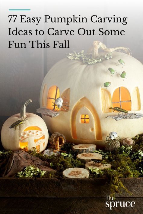 Bring the Halloween spirit home this fall by carving pumpkins. From scary to cute, this list of pumpkin carving ideas is great for beginners and experts alike. Like this fairy house made out a pumpkin!  #diypumpkindecorideas #pumpkincarvingideas #easypumpkincarvingideas #retrohalloweenaesthetic #thespruce #halloweendecor #fairycottage #nocarvepumpkinideas Unique Pumpkin Carving, Unique Pumpkin Carving Ideas, Pumpkin Fairy House, Creative Pumpkin Painting, Halloween Pumpkin Carving Stencils, Pumpkin Stencils, Easy Pumpkin Carving, Pumpkin Carving Designs, Carving Pumpkins