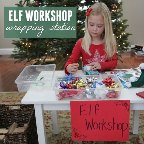 Create an Elf Workshop Wrapping Station #CreativeChristmas #ElfWorkshop #ChristmasWithKids #WrappingStation #LittleHelpers Workshop Activities, Elf Workshop, Christmas Activities For Toddlers, Gift Wrapping Station, Wrapping Station, Gingerbread People, Dramatic Play Preschool, Love Of Learning, Dramatic Play Centers