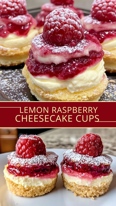 Lemon Raspberry Cheesecake Cups Lemon Raspberry Desserts Easy, Mini Raspberry Cheesecake Recipes, Quick Raspberry Dessert, Raspberry Lemon Desserts, Lemon Raspberry Tart, Lemon Raspberry Desserts, Cheesecake Bars Recipes, Raspberry Desserts Easy, Raspberry Lemon Cheesecake