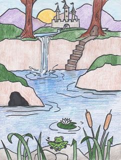 Creator's Joy: How to Draw a Waterfall / Lesson on Foreground and Background Draw A Waterfall, Paint A Waterfall, Nature Drawing For Kids, Foreground Background, Waterfall Drawing, Elementary Art Rooms, Drawing Lessons For Kids, Perspective Art, Oil Pastel Drawings