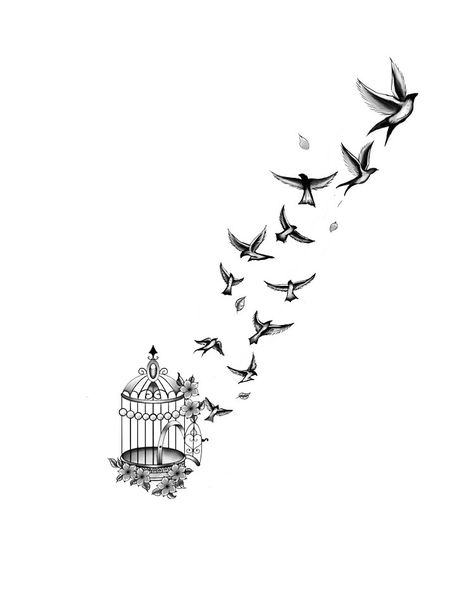 Birds Flying From Tree Tattoo, Birds Flying From Cage Freedom, Birds Flying Out Of Cage Tattoo, Golondrinas Tattoo Mujer, Flying Birds Tattoo Design, Birdcage Tattoo, Bluebird Tattoo, Empowering Tattoos, Cage Tattoos