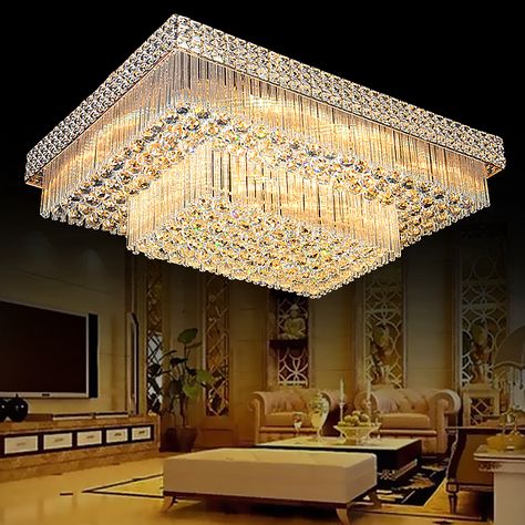 European LED Flush Mount Square Crystal Chandelier Living Room Lobby