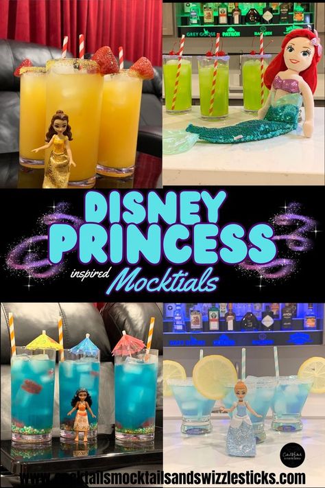 this image shows four different pictures each with a fun non alcoholic drink in bright colors and different disney princess characters in front of them like Belle, Cinderella and Moana Disney Princess Cocktails, Disney Themed Drinks, Disney Dessert Recipes, Kids Drinks Party, Disney Movie Night Menu, Princess Drinks, Pregnant Drinks, Disney Cocktails, Disney Themed Food