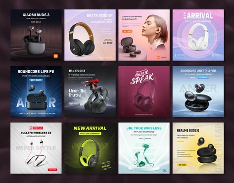 Headphone-Earphone-Social-Media-Post-Banner-Design Sample Website Design, Post Banner Design, Social Media Poster, Ad Creative, Social Media Design Inspiration, Catalog Design, Landscape Poster, Gaming Headset, Post Design