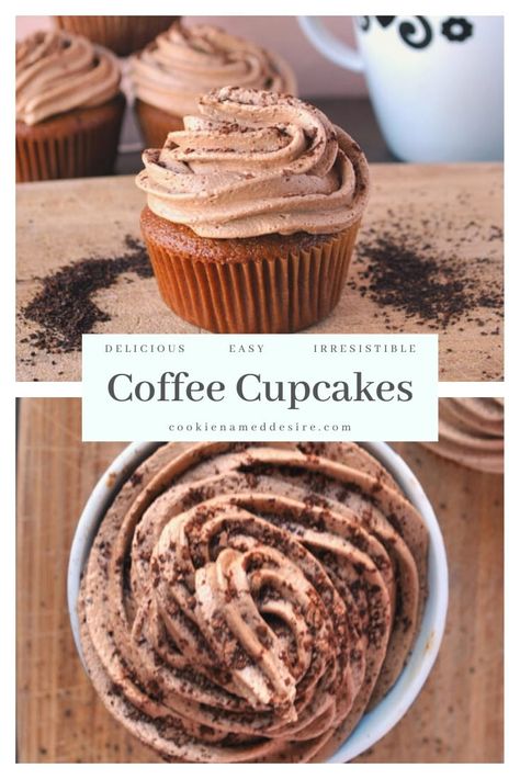 These coffee cupcakes are just like eating your favorite cup of coffee. And the frosting is so good, you could eat it by the spoonful! #coffee #cupcakerecipes #mocha #frosting #buttercream Chocolate Cupcakes With Coffee Frosting, Cupcake Recipes Coffee, Coffee Baked Goods, Coffee Cupcakes Recipe, Coffee Cupcakes With Box Cake, Coffee Baking Recipes, Frappe Cupcakes, Coffee Cupcake Recipes, Icing On Cupcakes