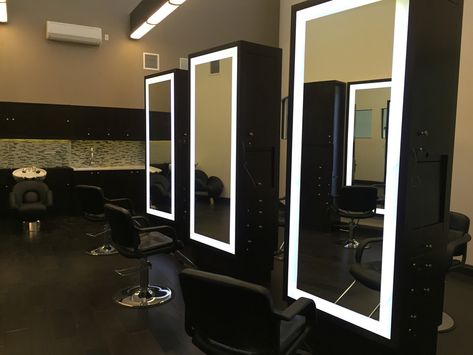 Double Sided Salon Stations, White Hair Salon, Styling Mirror, Mirror Salon, Hair Salon Stations, Salon Mirror, Production Ideas, Shop Mirror, Hair Salon Equipment