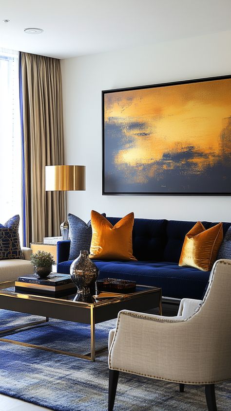 A chic urban apartment living room featuring a bold color scheme of navy and gold. A statement art piece hangs above a modern couch, paired with stylish accent chairs and a sophisticated coffee table. Bright, soft lighting creates a warm atmosphere. No text or captions. Urban Living Room, Apartment Designs, Urban Apartment, Gold Color Scheme, Modern Couch, Urban Living, Telegram Channel, Modern Interiors, Apartment Living Room