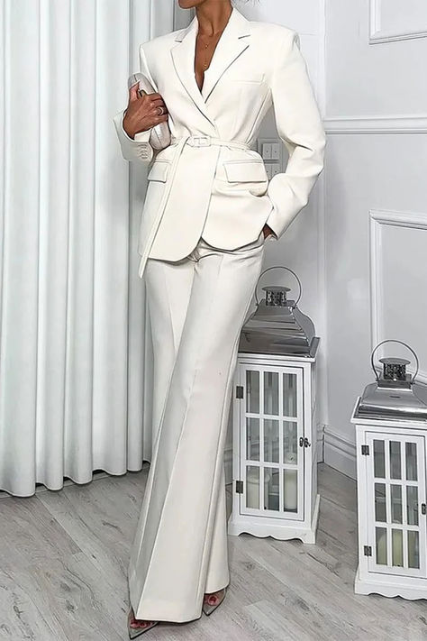 Casual Pocket Turn-back Collar Long Sleeve Two Pieces Long Sleeve Suit, White Two Piece, Look Formal, Pockets Pants, Two Piece Pants Set, Blazer Set, Formal Suits, Long Sleeve Blazers, Daily Dress