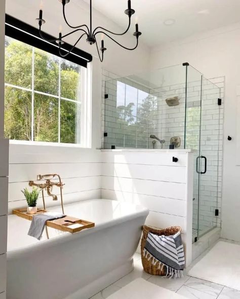 32 Tub Next to Shower Ideas for a Functional Bathroom Bathroom Shower Next To Tub, Half Wall Shower Next To Tub, Freestanding Tub Surround, Bathroom Remodel Country, Glass Half Wall, Half Wall Shower Ideas, Tub Next To Shower Ideas, Shower With Door, Shower Next To Tub