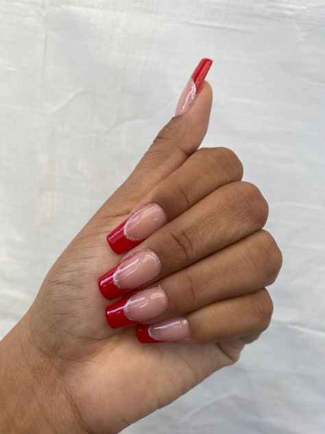 Clear Nails With Red Design, Red French Tips With Glitter, Red Outline French Tip Nails, Red Sparkle French Tip, Glittery Red French Tip Nails, Red Sparkly French Tip, Red Chrome French Tip Nails Square, Red French Tip Nails With Silver Line, Sparkling Red French Tip Nails