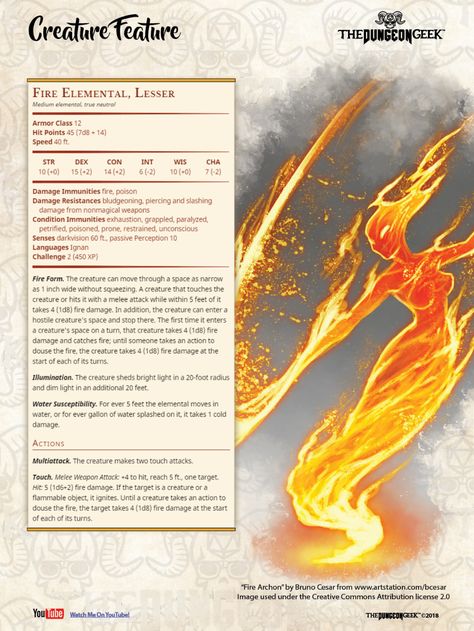 D&D 5e Creature Feature – Lesser Fire Elemental 5e Monsters, Fire Elemental, Monster Manual, Dnd Stats, Dungeons And Dragons 5e, Dnd 5e Homebrew, D D Monsters, Dnd Dragons, Monster Characters