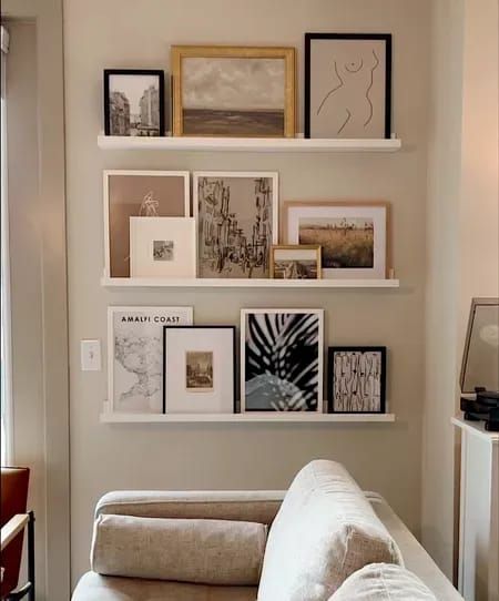 Photo Frames On Shelf, Entryway Photo Wall Modern, Modern Photo Wall Ideas, Tv Wall Decor Small Space, Gallery Wall White Frames, Small Apartment Decorating Living Room, Photo Shelf, Custom Kitchen Remodel, Girly Apartment Decor