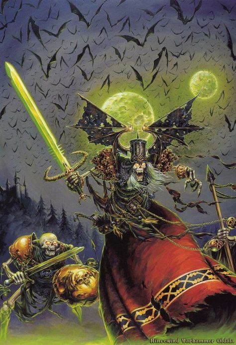 Dread Necromancer lord and his minions Warhammer Fantasy Art, Warhammer Vampire Counts, Vampire Lord, Vampire King, The Night Is Young, Warhammer Fantasy Roleplay, Vampire Counts, Classic Fantasy, Dungeons And Dragons Art