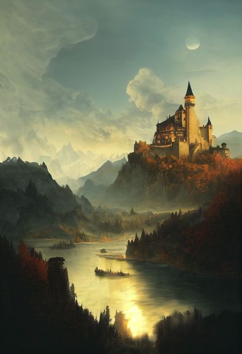 River Castle Fantasy Art, Medieval Fantasy Wallpaper, Fantasy Kingdom Aesthetic, Fae Castle, Fae Kingdom, Dark Reference, Dnd Places, Castle Ideas, Castle Painting